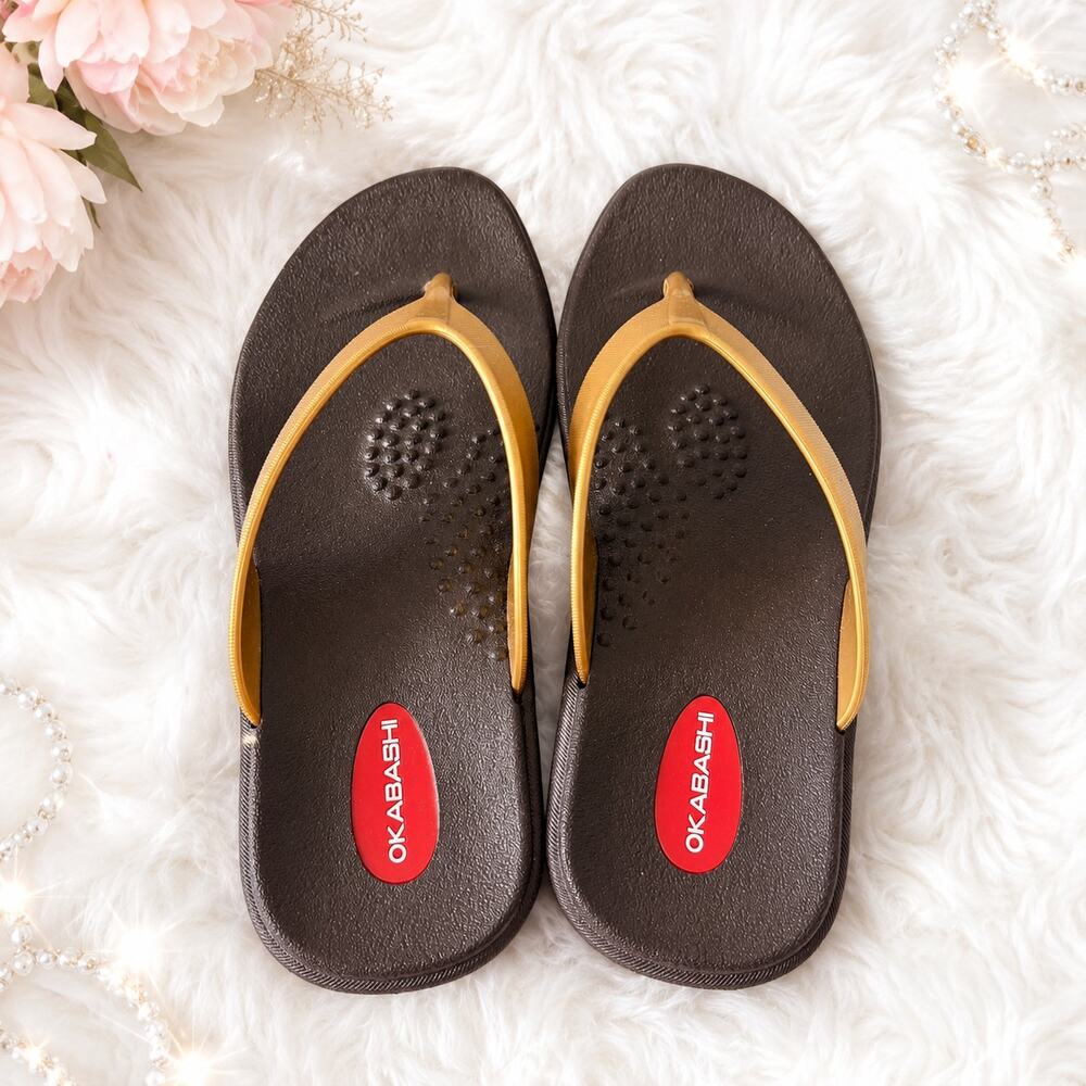 Okabashi Brown Gold Flip Flops Made in USA Comfort Sandals Womens M